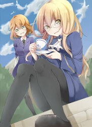 Rule 34 | 2girls, amai nekuta, amelie planchard, arms behind back, ascot, black footwear, black legwear, black neckwear, blonde hair, blue jacket, blurry, blurry background, cloud, cloudy sky, convenient censoring, cup, day, depth of field, dress shirt, dutch angle, glasses, green eyes, holding, jacket, long hair, long sleeves, looking at viewer, medium hair, multiple girls, necktie, open mouth, outdoors, pantyhose, perrine h. clostermann, saucer, shirt, shoes, sitting, sky, smile, standing, strike witches, strike witches: katayoku no majo-tachi, teacup, white neckwear, white shirt, wing collar, world witches series, yellow eyes
