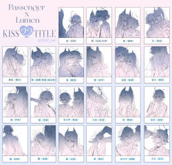 Rule 34 | 2boys, absurdres, ahoge, animal ears, arknights, bieshi, blue background, blush, commentary, embarrassed, english commentary, extra ears, facial mark, feather hair, finger sucking, gradient background, highres, imminent kiss, kiss, kiss chart, kissing arm, kissing back, kissing cheek, kissing ear, kissing foot, kissing forehead, kissing hand, kissing leg, kissing neck, kissing shoulder, kissing stomach, kissing thigh, leash, lumen (arknights), male focus, meme, multiple boys, multiple drawing challenge, passenger (arknights), pink background, simple background, stepped on, translation request, upper body, wrist kiss, yaoi