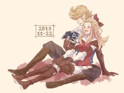 Rule 34 | 10s, 1boy, 1girl, 2013, bad id, bad pixiv id, blonde hair, book, boots, bravely default: flying fairy, bravely default (series), edea lee, gloves, hallo-byby, long hair, pantyhose, ribbon, ringabel, smile