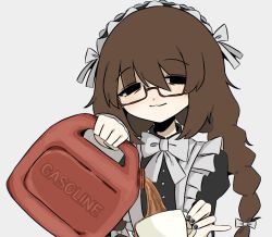 Rule 34 | 1girl, apron, bags under eyes, black eyes, black nails, bow, bowtie, braid, brown hair, cup, female focus, gas can, gasoline, glasses, hair bow, highres, holding, holding cup, looking at viewer, maid apron, maid headdress, nail polish, original, pouring, simple background, smile, snale, solo, teacup, twin braids, upper body, white background, white bow, white bowtie