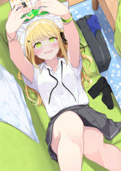 Rule 34 | 1girl, arms up, bad id, bad pixiv id, bag, black legwear, black ribbon, blonde hair, blush, breasts, collared shirt, commentary request, couch, dress shirt, feet out of frame, green eyes, grey skirt, hair ornament, hair ribbon, highres, indoors, knee up, long hair, lying, neck ribbon, on back, on couch, one side up, open mouth, original, pleated skirt, ribbon, sasahara wakaba, school bag, school uniform, shirt, short sleeves, skirt, small breasts, unworn socks, solo, v-shaped eyebrows, white shirt, x hair ornament