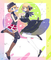 Rule 34 | 2girls, bare arms, black footwear, blonde hair, blue eyes, blush, boots, brown footwear, commentary request, creatures (company), dress, earrings, eyelashes, from side, game freak, grey eyes, grey headwear, hair ornament, hair ribbon, hands up, hat, highres, holding hands, in-franchise crossover, jewelry, leg up, long sleeves, looking at viewer, multiple girls, multiple persona, nintendo, official alternate costume, pantyhose, parted lips, pokemon, pokemon (anime), pokemon journeys, pokemon masters ex, pokemon swsh105, red skirt, ribbon, serena (pokemon), serena (sygna suit) (pokemon), shoes, short hair, skirt, sugomori tsuru (hana tsuru wo), sweater vest, thighhighs