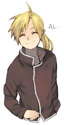 Rule 34 | 1boy, ^ ^, alphonse elric, antenna hair, black shirt, blonde hair, character name, clenched hand, closed eyes, conqueror of shambala, closed eyes, fullmetal alchemist, happy, long hair, long sleeves, male focus, ponytail, shirt, simple background, smile, solo, upper body, white background