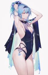 Rule 34 | 1girl, armpits, ass, backless swimsuit, blue hair, blue one-piece swimsuit, blush, breasts, cleavage cutout, clothing cutout, earrings, eula (genshin impact), genshin impact, hair between eyes, hair ornament, hairband, highres, holding, holding own hair, jewelry, medium breasts, one-piece swimsuit, ponytail, qiandaiyiyu, shawl, solo, swimsuit, thighs, wet, white background