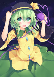 Rule 34 | 1girl, absurdres, adjusting clothes, adjusting headwear, blush, east01 06, green eyes, green hair, hat, heart, heart-shaped pupils, highres, komeiji koishi, looking at viewer, night, night sky, open mouth, short hair, sky, solo, star (sky), starry sky, symbol-shaped pupils, third eye, touhou