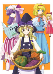 Rule 34 | 3girls, alice margatroid, apron, basket, blonde hair, blue dress, book, border, capelet, carrot, closed eyes, cowboy shot, doll, dress, eggplant, female focus, flying, food, hashiyamoto, hat, holding, holding book, kirisame marisa, long sleeves, looking at viewer, multiple girls, open book, orange background, patchouli knowledge, purple dress, purple eyes, purple hair, reading, red dress, shanghai doll, simple background, size difference, smile, standing, touhou, vegetable, waist apron, witch hat