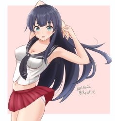 Rule 34 | 1girl, agano (kancolle), ame-san, anchor symbol, armpits, arms behind head, black hair, black necktie, black sailor collar, breasts, cleavage, commentary request, cowboy shot, dated, green eyes, highres, kantai collection, long hair, looking at viewer, medium breasts, midriff, necktie, one-hour drawing challenge, panties, pleated skirt, red skirt, sailor collar, school uniform, serafuku, shirt, skirt, sleeveless, sleeveless shirt, solo, twitter username, underwear, white panties