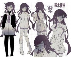Rule 34 | 1girl, :d, alternate costume, apron, bandaged arm, bandaged leg, bandages, bandaid, black jacket, breasts, cropped legs, crying, danganronpa (series), danganronpa 2: goodbye despair, eyepatch, from behind, full body, highres, jacket, long hair, looking up, medium breasts, mole, mole under eye, neckerchief, open mouth, own hands together, puffy short sleeves, puffy sleeves, sailor collar, sema (vivaviva 02), short sleeves, skirt, smile, standing, tears, teeth, translation request, tsumiki mikan, upper teeth only