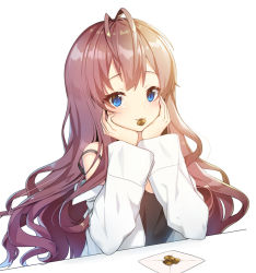 Rule 34 | 1girl, :3, antenna hair, bad id, bad pixiv id, blue eyes, blush, brown hair, closed mouth, cookie, food, gradient hair, hands on own cheeks, hands on own face, ichinose shiki, idolmaster, idolmaster cinderella girls, lab coat, long hair, long sleeves, mouth hold, multicolored hair, off shoulder, open clothes, purple hair, simple background, smile, solo, strap slip, table, tank top, tp (kido 94), upper body, very long hair, wavy hair, white background