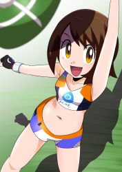 Rule 34 | 1girl, alternate costume, black gloves, breasts, brown eyes, brown hair, collarbone, cosplay, creatures (company), fingerless gloves, game freak, gloria (pokemon), gloves, hainchu, highres, looking at viewer, midriff, navel, nessa (pokemon), nessa (pokemon) (cosplay), nintendo, open mouth, pokemon, pokemon swsh, shirt, short hair, shorts, small breasts, smile, standing, tank top, white shirt, white shorts