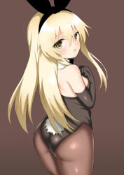 Rule 34 | 1girl, animal ears, ass, black gloves, black pantyhose, blonde hair, blush, breasts, detached collar, elbow gloves, fake animal ears, fake tail, gloves, green eyes, hair between eyes, kantai collection, leotard, long hair, open mouth, pantyhose, playboy bunny, rabbit ears, shimakaze (kancolle), small breasts, solo, tail, toshishikisai