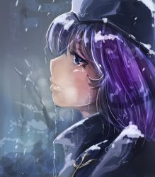 Rule 34 | 1girl, bare tree, breath, crying, crying with eyes open, half-closed eyes, hat, heiya, icicle, jewelry, letty whiterock, looking afar, pendant, polearm, profile, purple eyes, purple hair, sad, short hair, snow, snowing, solo, streaming tears, tears, touhou, tree, trident, turtleneck, upper body, weapon