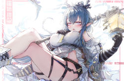 Rule 34 | 1girl, absurdres, arknights, backlighting, bare shoulders, beads, black gloves, blue eyes, blue hair, blush, boots, braid, breasts, chinese new year, commentary request, crossed legs, cup, dragon girl, dragon horns, dragon tail, earrings, elbow gloves, feet out of frame, gloves, hand on own chest, highres, holding, holding cup, holding staff, horns, jewelry, knee boots, lack shorts, lantern, large breasts, ling (arknights), long hair, looking at viewer, multicolored hair, off shoulder, open mouth, oreshki, pointy ears, short shorts, shorts, sitting, skindentation, solo, staff, streaked hair, tail, thigh strap, translation request, two-tone hair, underbust, very long hair, white footwear, white hair
