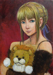 Rule 34 | 00s, 1girl, aqua eyes, artoria pendragon (all), artoria pendragon (fate), bad id, bad pixiv id, bare shoulders, blonde hair, fate/stay night, fate (series), hair ribbon, lion, mister donut, official alternate costume, oil painting (medium), painting (medium), pon de lion, ribbon, saber (fate), smile, solo, stuffed animal, stuffed lion, stuffed toy, tafuto, traditional media, unfinished