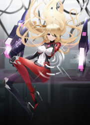 Rule 34 | 1girl, blonde hair, blurry, blurry background, bodysuit, breasts, closed mouth, covered navel, eyepatch, full body, high heels, highres, legs, long hair, looking at viewer, medium breasts, multicolored bodysuit, multicolored clothes, nemesis (tower of fantasy), qing wu, red eyes, skin tight, solo, thighs, tower of fantasy