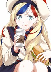 Rule 34 | 1girl, bad id, bad twitter id, blonde hair, blue eyes, blue hair, commandant teste (kancolle), food, highres, kantai collection, long hair, morinaga miki, pom pom (clothes), red hair, sandwich, simple background, smile, solo, white background, white hair