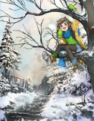 Rule 34 | 1girl, blue scarf, boots, brown hair, child, freckles, from below, full body, girutea, green eyes, green shirt, hair bobbles, hair ornament, hand to own mouth, highres, in tree, indie virtual youtuber, jacket, lily hopkins, looking at viewer, mittens, open mouth, outdoors, scarf, shirt, short hair, shorts, shouting, signature, sitting, sitting in tree, snow, socks over pantyhose, solo, stairs, teeth, tree, upper teeth only, virtual youtuber, winter, yellow jacket
