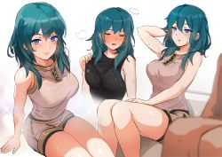 Rule 34 | 1girl, absurdres, arm up, blue eyes, blue hair, blush, breasts, byleth (female) (fire emblem), byleth (fire emblem), closed eyes, closed mouth, fire emblem, fire emblem: three houses, highres, large breasts, medium hair, multiple views, nintendo, open mouth, ormille, sauna, shorts, sitting, sleeveless, sweat, thighs