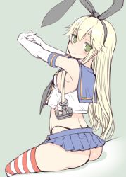 Rule 34 | 1girl, animal ears, ass, blonde hair, blue skirt, bosshi, breasts, elbow gloves, fake animal ears, gloves, green eyes, highres, kantai collection, long hair, looking at viewer, miniskirt, pleated skirt, rabbit ears, shimakaze (kancolle), shirt, sideboob, sitting, skirt, sleeveless, sleeveless shirt, solo, striped clothes, striped thighhighs, thighhighs, white gloves