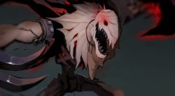 Rule 34 | 1boy, absurdres, claws, fiddlesticks, glowing, grey background, highres, league of legends, red eyes, sharp teeth, simple background, solo, teeth