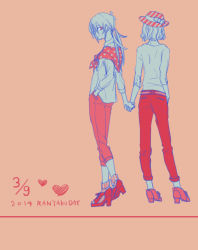 Rule 34 | 2boys, bad id, bad pixiv id, from behind, hat, heart, high heels, holding hands, inazuma eleven (series), inazuma eleven go, kirino ranmaru, long hair, looking back, male focus, monochrome, multiple boys, red eyes, shindou takuto, shino (syllable), simple background, spot color, twintails, unmoving pattern