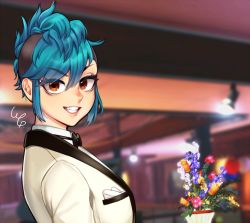 Rule 34 | 1girl, blue hair, blush, brown eyes, fang, grin, hairband, highres, looking at viewer, messy hair, parted lips, payday 2, short hair, smile, solo, sydney (payday), teeth, tuxedo, wg.
