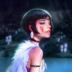 Rule 34 | 1girl, arm strap, black hair, black neckwear, blue eyes, blurry, choker, depth of field, earrings, facepaint, facial mark, female focus, forehead mark, from side, fur trim, image sample, irakli nadar, jewelry, lips, looking afar, mononoke hime, necklace, nose, outdoors, parted lips, profile, realistic, san (mononoke hime), shirt, short hair, sleeveless, sleeveless shirt, solo, standing, studio ghibli, teeth, tooth, tooth necklace, upper body