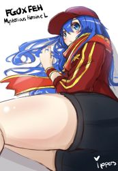 Rule 34 | 1girl, artoria pendragon (fate), baseball cap, blue eyes, blue hair, blush, cosplay, fate/grand order, fate (series), fire emblem, fire emblem: the binding blade, hat, ippers, jacket, lilina (fire emblem), long hair, looking at viewer, mysterious heroine x (fate), mysterious heroine x (fate) (cosplay), nintendo, scarf, shorts, simple background, solo