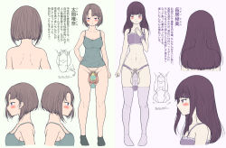 Rule 34 | 2girls, 5tb, absurdres, blue eyes, blush, bra, bracelet, breasts, brown hair, character sheet, cleavage, flaccid, futanari, hand on own hip, highres, japanese text, jewelry, long hair, multiple girls, penis, penis peek, purple eyes, purple hair, shirt, socks, standing, testicles, thighhighs, thong, translation request, underwear