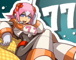 Rule 34 | 1girl, android, blue eyes, blush stickers, bodysuit, capcom, hairpods, headset, mega man (series), mega man x: command mission, mega man x (series), multicolored hair, nana (mega man x: command mission), napo, pink hair, robot, solo, two-tone hair