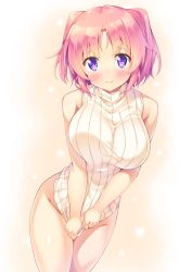 Rule 34 | 1girl, bare shoulders, blush, bottomless, breasts, closed mouth, commentary request, covering privates, covering crotch, cowboy shot, groin, highres, kazuma (kazumav), large breasts, legs together, looking at viewer, mikakunin de shinkoukei, naked sweater, parted bangs, pink hair, purple eyes, ribbed sweater, simple background, sleeveless, smile, solo, standing, sweater, turtleneck, two side up, white sweater, yonomori kobeni