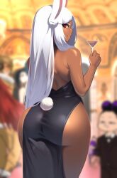 Rule 34 | 2boys, 2girls, absurdres, animal ears, ass, backless dress, backless outfit, black dress, blurry, blurry background, boku no hero academia, cocktail glass, commentary, cowboy shot, cup, dark-skinned female, dark skin, dress, drinking glass, english commentary, from behind, grey hair, hawks (boku no hero academia), highres, holding, holding cup, indoors, long eyelashes, long hair, looking at viewer, looking back, mineta minoru, mirko, multiple boys, multiple girls, niflhiem, rabbit ears, rabbit girl, rabbit tail, red eyes, side slit, sideways mouth, smile, solo focus, tail, very long hair, yaoyorozu momo