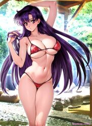 Rule 34 | 1girl, arm behind head, arm up, bare arms, bikini, bishoujo senshi sailor moon, blurry, blurry background, blush, breasts, collarbone, commentary request, feet out of frame, hand in own hair, hand up, highres, hino rei, large breasts, long hair, looking at viewer, navel, oyaman, parted lips, photo background, purple eyes, purple hair, red bikini, solo, standing, stomach, string bikini, swimsuit, twitter username, underboob, very long hair