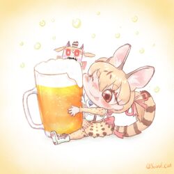 Rule 34 | 1girl, alcohol, animal ears, beer, beer mug, boots, brown eyes, brown hair, cat ears, cat girl, cat tail, cup, extra ears, highres, kemono friends, kemono friends v project, large-spotted genet (kemono friends), long hair, microphone, mug, one eye closed, orange background, ribbon, saival cat, shirt, simple background, skirt, suspenders, tail, thighhighs, twintails, virtual youtuber