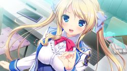 Rule 34 | 1girl, blonde hair, blue eyes, blush, bow, bowtie, breasts, chair, computer, frills, game cg, hair ribbon, harvest overray, holographic interface, laptop, large breasts, long hair, looking at viewer, mikami lilia, nironiro, open mouth, ribbon, school uniform, smile, solo, standing, table, tablet pc, twintails, usume shirou
