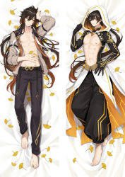 Rule 34 | 1boy, abs, arm tattoo, baggy pants, barefoot, belt, black belt, black hair, black pants, closed eyes, collarbone, collared shirt, dakimakura (medium), diamond-shaped pupils, diamond (shape), earrings, formal, genshin impact, ginkgo leaf, hair between eyes, hand on own head, hand on own stomach, jacket, jewelry, leaf, long hair, long sleeves, lying, male focus, moeanime, muscular, muscular male, navel, nipples, on back, on bed, open clothes, open mouth, open shirt, pants, rex lapis (genshin impact), shirt, simple background, single earring, smile, solo, stomach, suit, symbol-shaped pupils, tassel, tassel earrings, tattoo, toenails, undone, white background, white hood, wing collar, zhongli (genshin impact)
