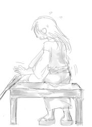 Rule 34 | 10s, 1girl, bench, comic, crutch, flying sweatdrops, from behind, gentletiger, geta, greyscale, japanese clothes, kantai collection, long hair, monochrome, no legwear, open mouth, sandals, simple background, sitting, solo, surprised, sweat, sweatdrop, table, white background, white hair, zuikaku (kancolle)