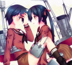 Rule 34 | 10s, 2girls, arm support, bad id, bad pixiv id, black hair, door to heaven, hair ribbon, kantai collection, machinery, mikuma (kancolle), mogami (kancolle), multiple girls, open mouth, ribbon, shorts, sitting, tears, turret, twintails, yellow eyes