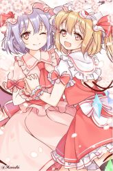 Rule 34 | 2girls, :d, ;), artist name, ascot, bat wings, black legwear, blonde hair, blue hair, blush, bow, branch, cherry blossoms, commentary request, cowboy shot, crystal, dress, fang, flandre scarlet, frilled shirt collar, frills, from behind, hair between eyes, haruki (colorful macaron), hat, hat ribbon, head tilt, highres, holding hands, interlocked fingers, looking at viewer, looking back, mob cap, multiple girls, one eye closed, open mouth, petals, petticoat, pink dress, pink headwear, puffy short sleeves, puffy sleeves, red ascot, red bow, red eyes, red ribbon, red sash, red skirt, red vest, remilia scarlet, ribbon, sash, shirt, short hair, short sleeves, siblings, sisters, skirt, skirt set, smile, sparkle, thighhighs, touhou, twitter username, vest, white background, white bow, white headwear, white shirt, wings, wrist cuffs