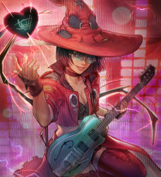 Rule 34 | 1girl, black hair, boots, breasts, choker, cleavage, electric guitar, fingerless gloves, gloves, green-tinted eyewear, guilty gear, guilty gear strive, guitar, hat, highres, i-no, instrument, jacket, large breasts, looking at viewer, mole, mole above mouth, parted lips, red eyes, red hat, short hair, solo, stephanie sybydlo, thigh boots, tinted eyewear, venus symbol, watermark, witch hat