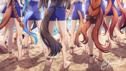 Rule 34 | 6+girls, barefoot, beach, biwa hayahide (umamusume), blue hair, blue one-piece swimsuit, body writing, brown hair, character request, check character, daiwa scarlet (umamusume), dated, highres, horse girl, horse tail, kneepits, long hair, multiple girls, one-piece swimsuit, shinmai (kyata), swimsuit, tail, tracen swimsuit, twin turbo (umamusume), twintails, twitter username, umamusume, very long hair, white hair
