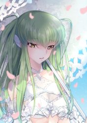 Rule 34 | 1girl, absurdres, bikini, breasts, budgiepon, c.c., cleavage, code geass, collarbone, cosplay, fate/grand order, fate (series), green hair, hair between eyes, hair ornament, highres, holding, holding umbrella, lady avalon (fate), lady avalon (fate) (cosplay), long hair, medium breasts, merlin (fate/prototype), open mouth, solo, swimsuit, umbrella, upper body, very long hair, white bikini, white umbrella, yellow eyes