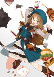 Rule 34 | 1girl, axe, backpack, bag, beef, belt, blonde hair, blue vest, book, boots, bow, bowtie, burger, cheese, coin, cup, dress, dynamite, explosive, food, frilled dress, frills, glasses, green eyes, hair ornament, hairclip, harapeko (886011), hat, knife, kukri, long hair, open mouth, original, piggy bank, potion, pouch, salad, solo, sword, tomato, vest, weapon, white dress