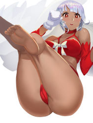 Rule 34 | 1girl, altera (fate), altera the santa (fate), ass, bare shoulders, barefoot, bikini, blush, breasts, choker, collarbone, dark-skinned female, dark skin, detached sleeves, earmuffs, fate/grand order, fate (series), feet, gaoyang ou nisang, highres, hip focus, looking at viewer, medium breasts, mittens, open mouth, red bikini, red eyes, short hair, simple background, soles, solo, swimsuit, thighs, toes, veil, white background, white hair, white mittens