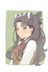 Rule 34 | 1girl, black hair, blue eyes, blush, border, bow, brown vest, buttons, collared shirt, dated, fate/stay night, fate (series), green background, hair bow, hal (haaaalhal), highres, homurahara academy school uniform, long hair, outside border, polka dot, red bow, school uniform, shirt, signature, solo, tohsaka rin, twintails, upper body, vest, white border, white shirt