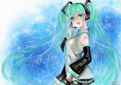 Rule 34 | 1girl, :d, green eyes, green hair, hair ornament, hatsune miku, headset, long hair, looking at viewer, matching hair/eyes, mosho, open mouth, smile, solo, traditional media, twintails, very long hair, vocaloid