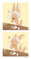 Rule 34 | 1other, absurdres, brown eyes, eating, furry, highres, kawasemi27, made in abyss, nanachi (made in abyss), smile, solo, white hair
