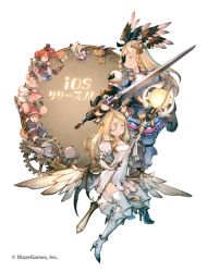 Rule 34 | 2girls, armor, armored boots, armored dress, blonde hair, blue eyes, boots, character request, dress, eyepatch, grin, head wings, holding, holding sword, holding weapon, little noah, long hair, multiple girls, official art, simple background, smile, staff, sword, thigh boots, thighhighs, watermark, weapon, white background, white dress, wings, yoshida akihiko