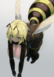 Rule 34 | 1girl, absurdres, arthropod girl, bee girl, blonde hair, bowchan, breasts, full body, green eyes, hair between eyes, highres, huge breasts, insect girl, insect wings, short hair, succubus affection, wings