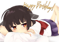 Rule 34 | 1girl, arai togami, blurry, brown hair, covered mouth, crossed arms, depth of field, happy birthday, headgear, highres, japanese clothes, legs up, long sleeves, looking at viewer, lying, miniskirt, obi, on stomach, orange eyes, pleated skirt, purple skirt, sash, short hair, simple background, skirt, solo, touhoku kiritan, voiceroid, white background
